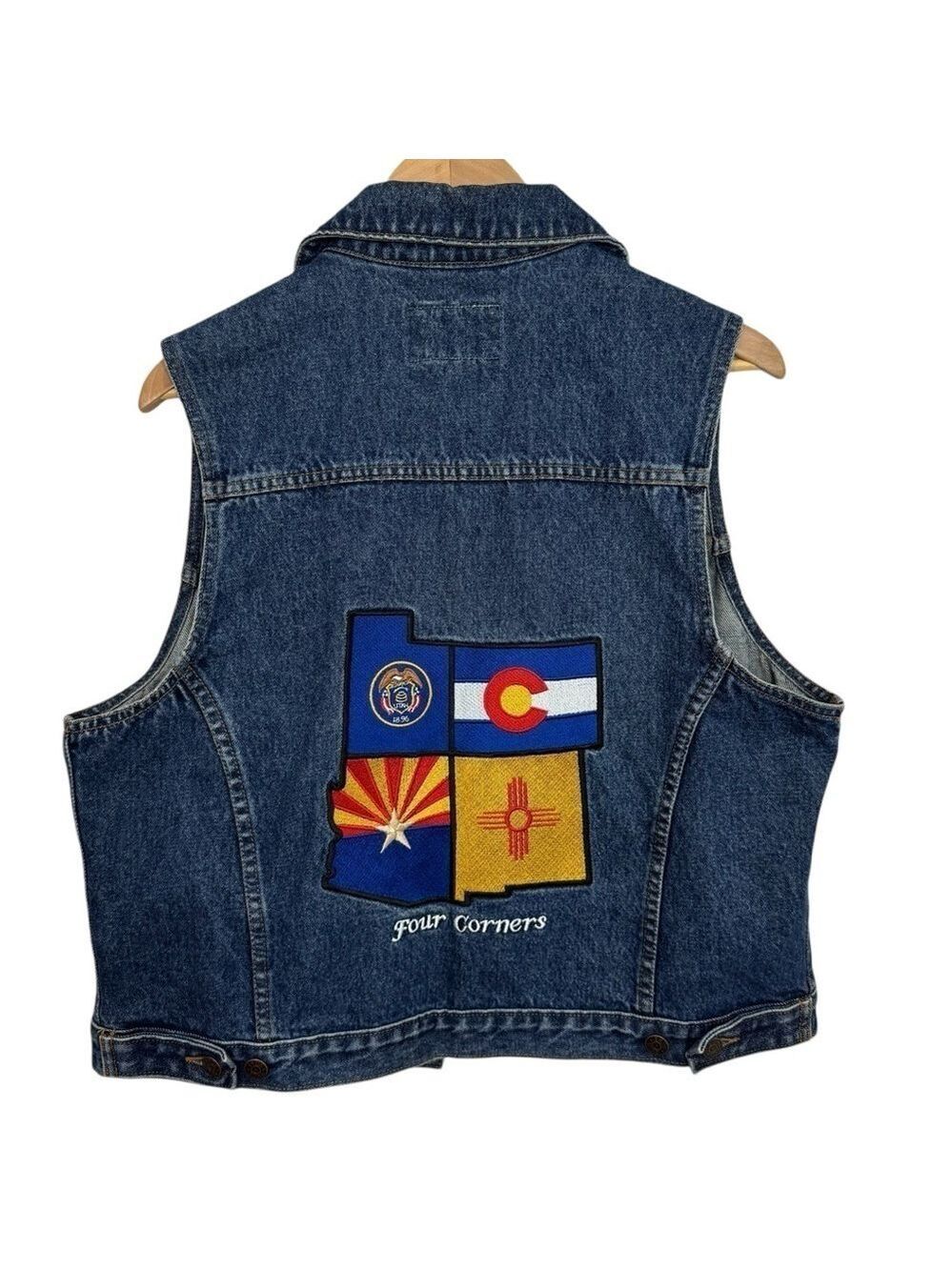 Vintage 90s IMUS Denim Trucker Vest Womens L Four Corners Western Blue Jean EUC!